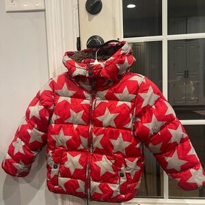 Mini Boden Red and Gray Star Puffer Coat